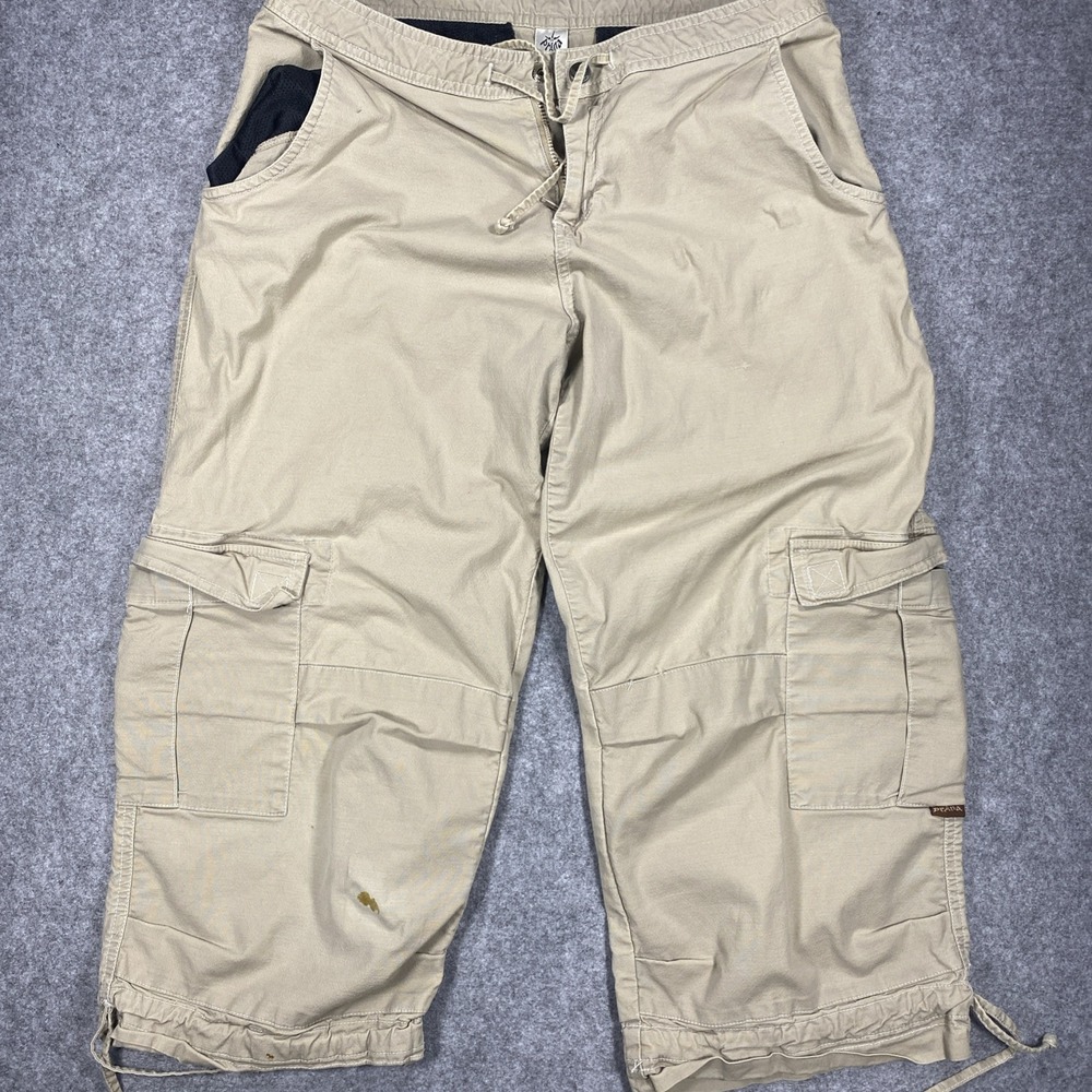 PrAna Cargo Capri Pants Womens Large Khaki Beige Tie Hem Outdoor Hiking Stretch